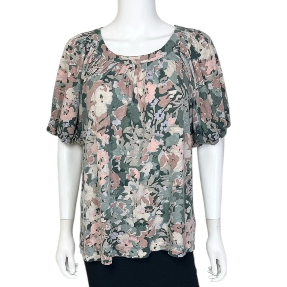 Anthropologie Maeve Linen Puff Sleeved Top in Green Floral - XL - Picture 5 of 11